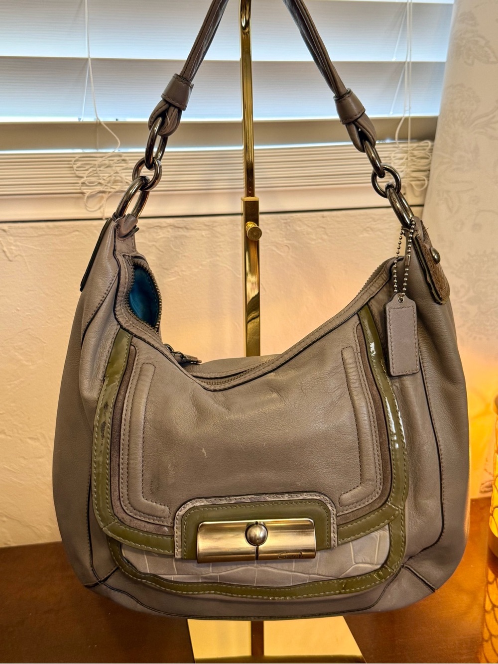 Coach Kristin Leather Hobo Bag Gray Olive Patent Trim F18297 Y2K